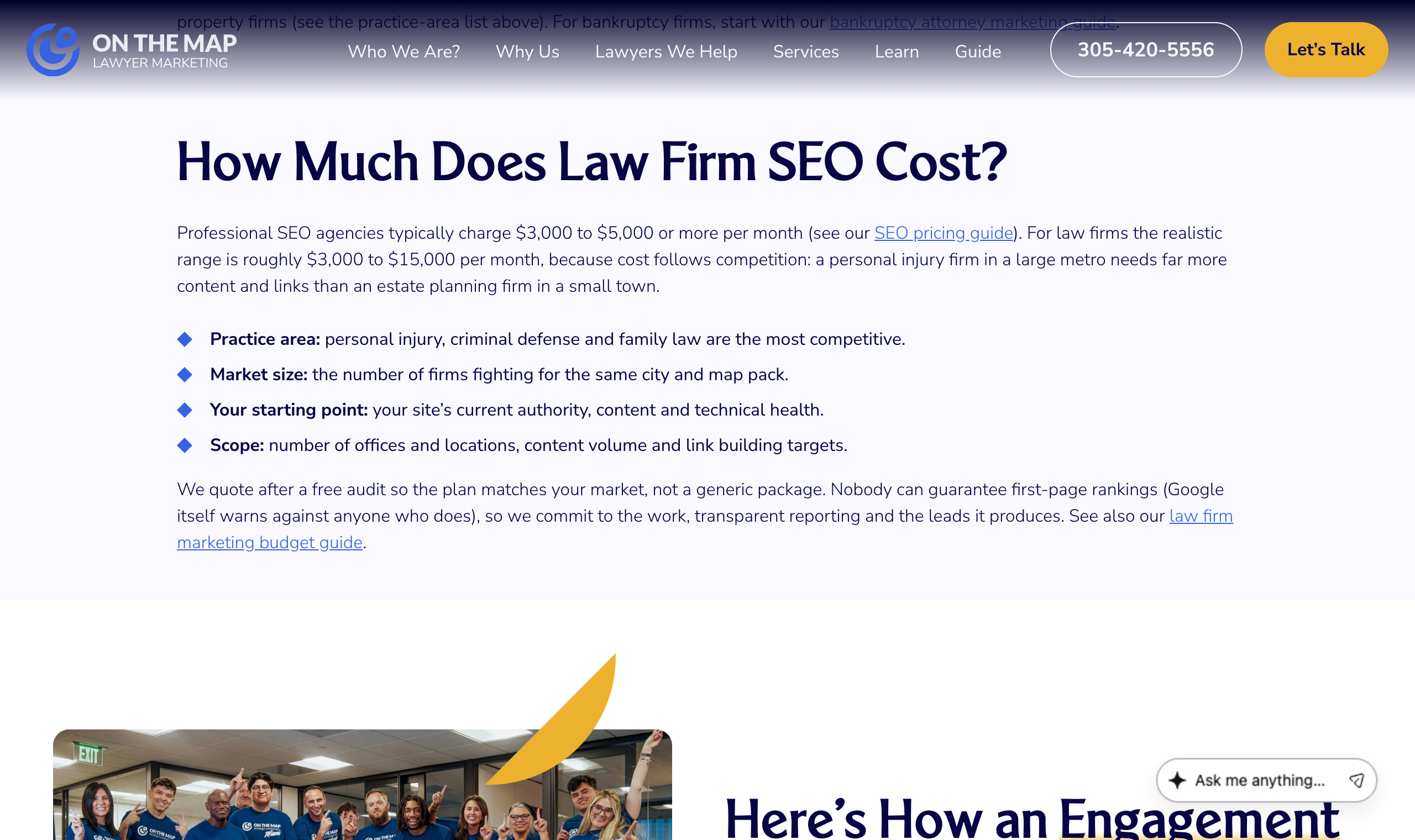On The Map Marketing live pricing page showing published $3,000 to $15,000 per month legal SEO retainers