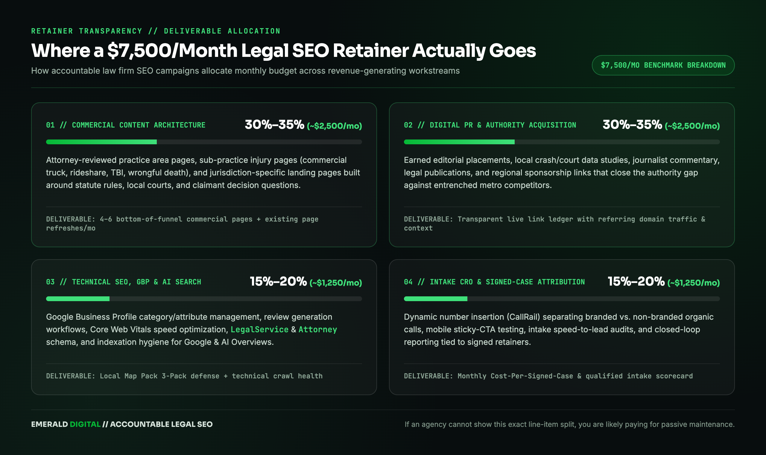 Where a $7,500 per month legal SEO retainer goes across content, Digital PR, technical SEO, and intake CRO