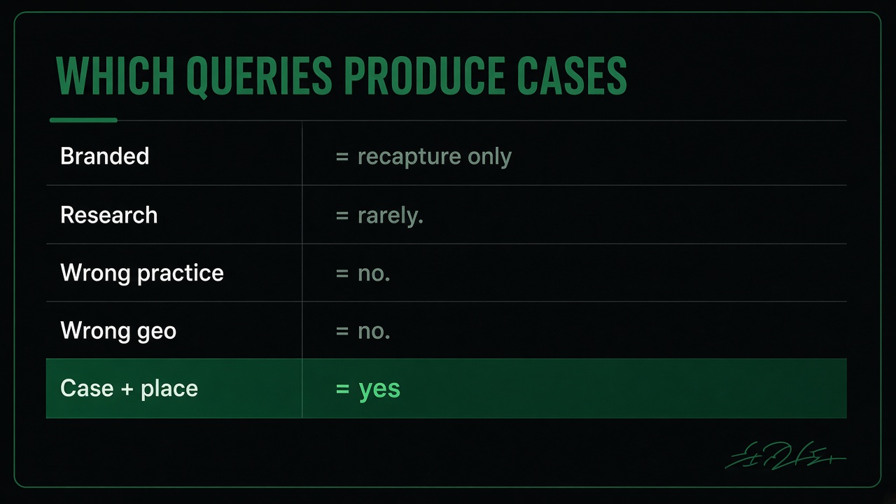 Which legal search queries actually produce signed cases versus zero-case informational traffic